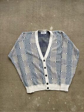 Vintage Jantzen White Geometric Diamond Knit Cardigan Sweater Mens Large 25x27